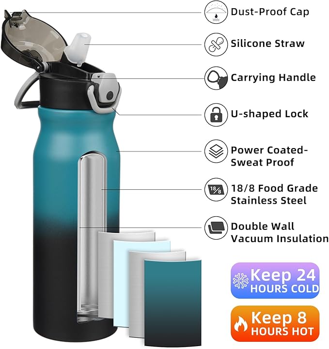 BJPKPK Water Bottle with Straw 25oz Insulated Water Bottles Reusable Stainless Steel Metal Thermal Flask with Leak Proof Lockable Lid and Carry Handle,Indigo Black