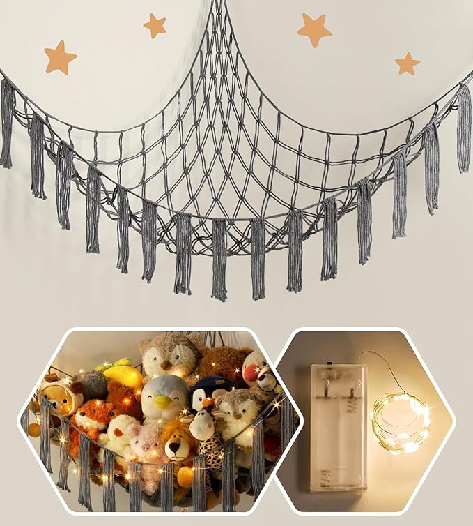 RelaxScene Stuffed Animal Storage Hammock Corner X-Large with LED Light - Baby Hammock Hanging Holder Plushies Net for Stuff Animals Organizer - Cute Room Decor Aesthetic Kids Toddler Nursery Bedroom