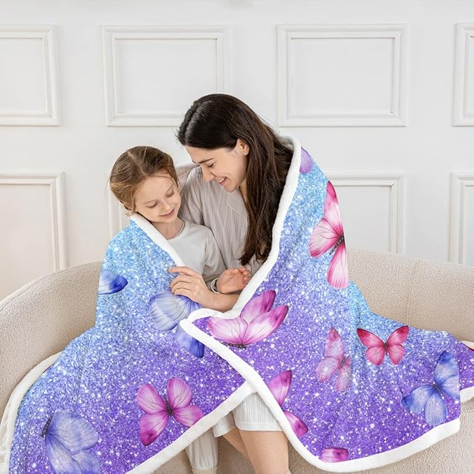 Feelyou Girls Glitter Print Fleece Throw Blanket Baby 30"x40" Kids Blue Purple Butterfly Sherpa Blanket Plush Fuzzy for Bed Couch Chair Living Room, Dreamy Girly Bed Blanket Princess Style Room Decor