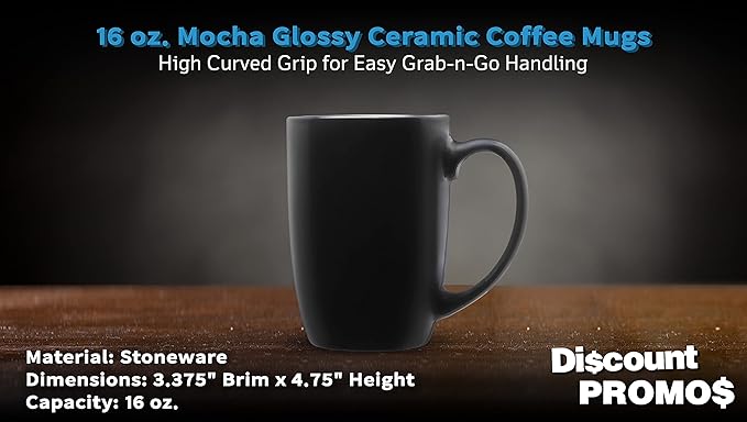 DISCOUNT PROMOS 10 Large Mocha Glossy Ceramic Coffee Mugs Set, 16 oz. - Stoneware, Smooth, Durable, C-handle - Black