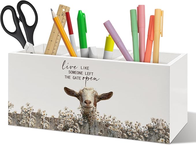Rustic Goat Pen Holder Organizer, Farmhouse Gifts for Goat Lovers Women Desk Decor, Live Like Someone Left the Gate Open Wooden Pen Pencil Holders for Vintage Desk Accessories