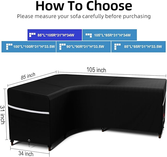 Rosefray Outdoor L-Shaped Sectional Cover-600D Patio Sectional Sofa Cover, Waterproof Furniture Covers for Deck, Lawn,Backyard 85”x105” Left Facing Black