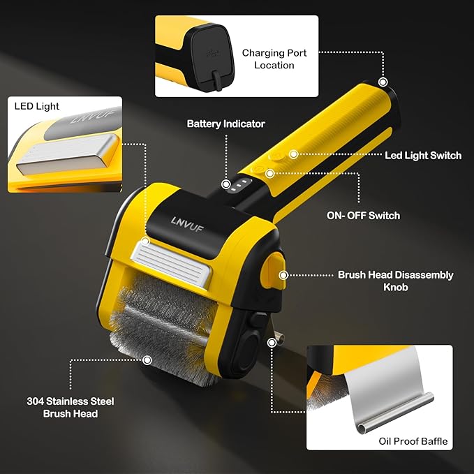 Electric Grill Brush, Grill Cleaner with LED Light, with 800 RPM Motor, 304 Removable Stainless Steel Brush Head, Cordless & Type-C Rechargeable for BBQ, Heavy Duty Grill Cleaning Tool (Black Yellow)