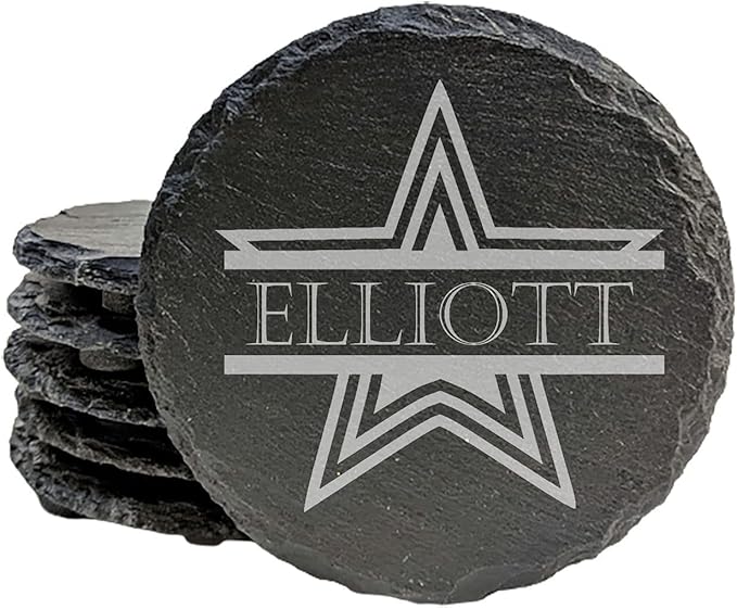 Shining Stars: Personalized Slate Coasters with Name and Star - Round Slate - Set of 6