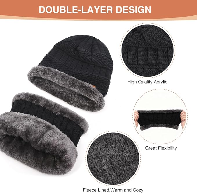 Winter Beanie Hat Scarf Glove Set for Women Snow Knit Thick Fleece Lined Ski Hat,Mens Warm Neck Warmer Touchscreen Mittens