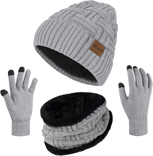Loritta 3-Pieces Winter Hat Neck Warmer Touchscreen Gloves Set Knit Thick Scarf Beanie Hats Scarves Set Gifts for Women