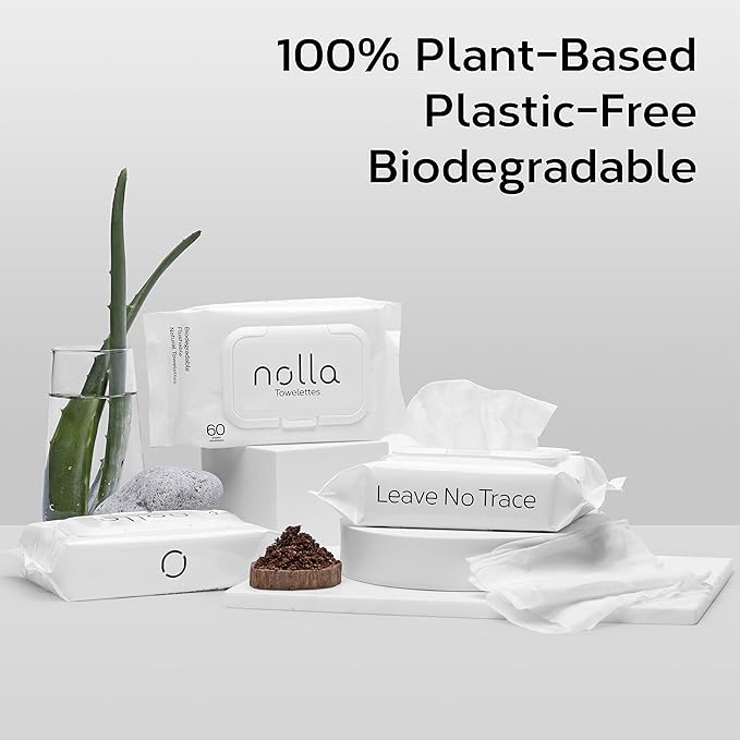 Nolla Flushable Wipes - 100% Plant-Based and Biodegradable - Soft, Unscented + Soothing Aloe and Vitamin E - For Adults and Kids 180 Count (3 Packs of 60)