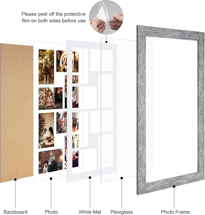 11.8x21.8 Picture Frame Display 8 opening 4X6 Picture Frame Collage,Multi Photo Frame with Mat,Plexiglass,Wall or Tabletop Decor,Grey Wood Grain