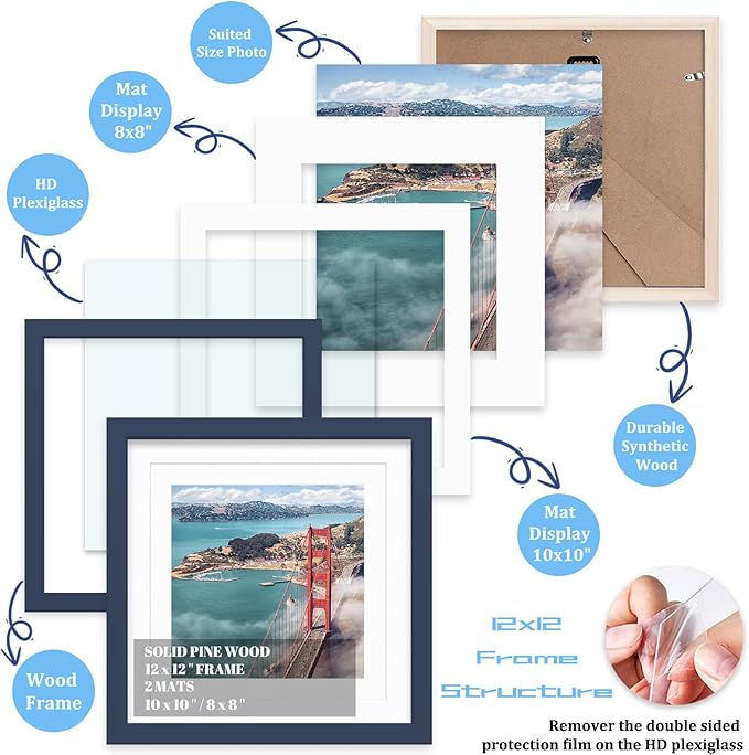 12x12 Wood Picture Frames for Wall Hanging or Tabletop,Diamond Painting Frame Baby Scan Picture Frames with 2 Mats Display 8x8 or 10x10 for Family Walls Decoration,Anniversary,Wedding,Christmas(Jazz