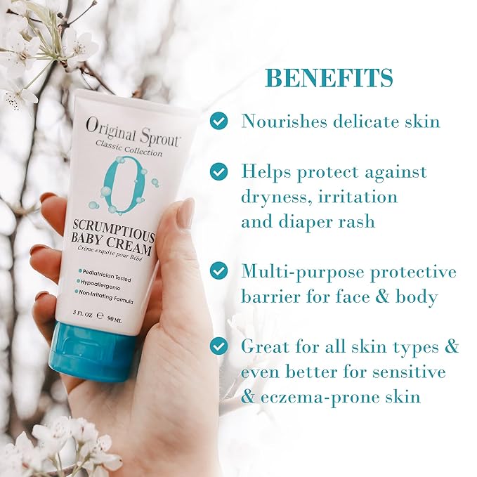 Original Sprout Scrumptious Baby Cream, Gentle Moisturizing Cream for Dry, Sensitive Skin & Diaper Rash, Non-Greasy Baby Lotion with Zinc Oxide & Calendula for Face & Body, 3 fl oz, Travel Size