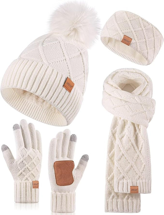Womens Winter Hat Gloves Scarf Headband Set, Pom Pom Beanie Long Scarf Touchscreen Gloves Ear Warmer, 4 in 1 Warm Gift Set