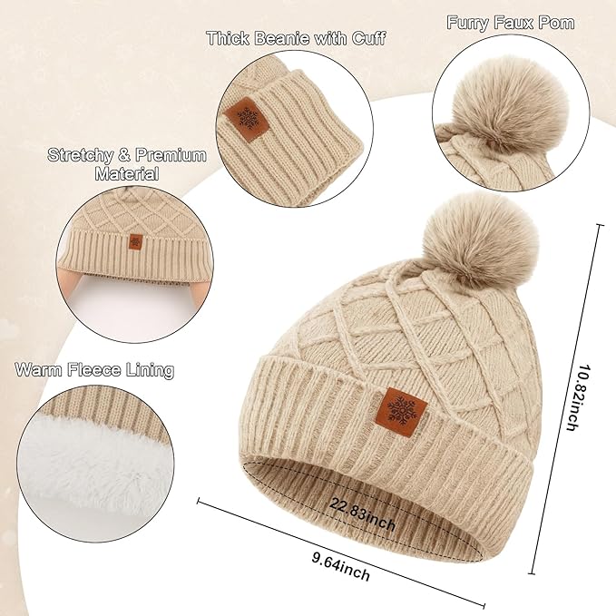 YARIEW Winter Hat Neck Warmer and Gloves Set for Women, Warm Knitted Beanie with Pom Pom, Soft Ear Warmer Scarf, Warm Gloves