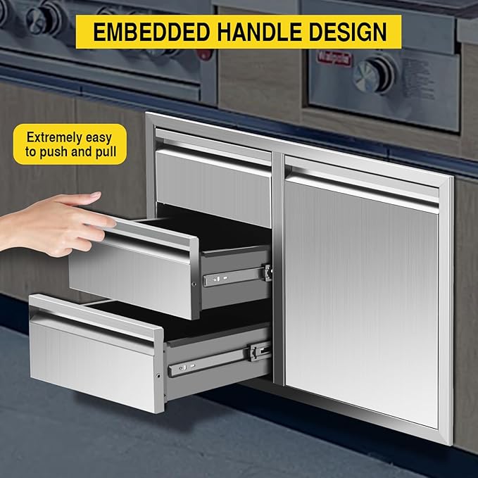 Outdoor Kitchen Drawers Stainless Steel 28W X 20.1H X 19.8D Inch, Flush Mount Triple BBQ Island Drawers with Hidden Handle for Outdoor Kitchens, Patio or Grill Station