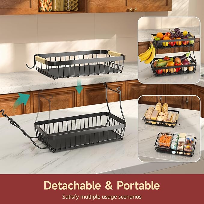 2 Tier Large Fruit Basket for Kitchen Counter with 2 Mobile Banana Hangers, 2026 Pro Detachable Metal Fruit Bowl with Wooden Handle (Black, 2 Tier Extra Large)