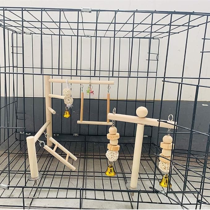 Hamiledyi Natural Wood Bird Play Gym for Small Birds, Parakeet Cockatiel Playstand with Perch, Ladder & Swing Toys for Cage Top(Style B)