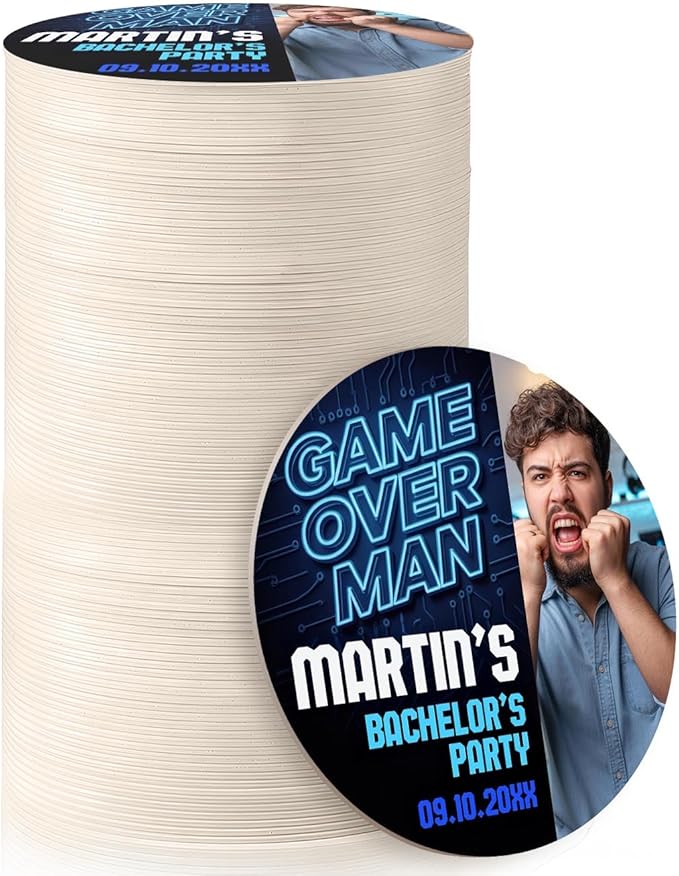 100 Pack Personalized Bachelor Party Coasters, Custom Cardboard Drink Coasters with Photo Print and Text, Fun Bachelor Party Favors and Gifts, 3.95" Round, Design 6