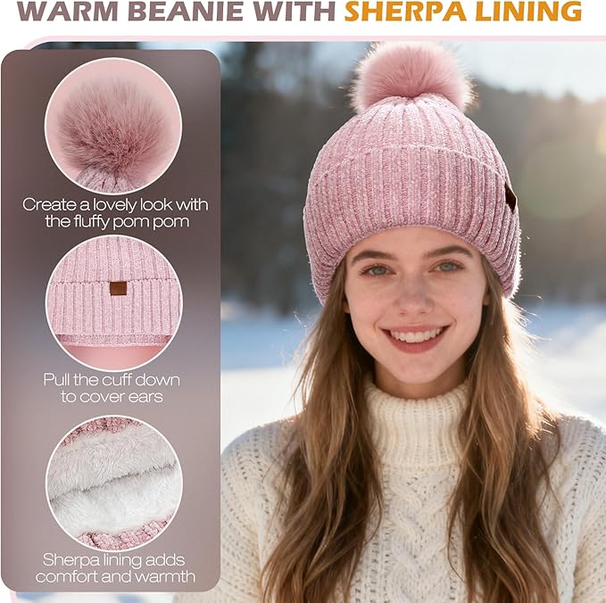 Winter Hats Gloves Scarf Set for Women, Beanie Hat Headband Ear Warmer, Infinity Scarf Touchscreen Gloves for Cold Weather
