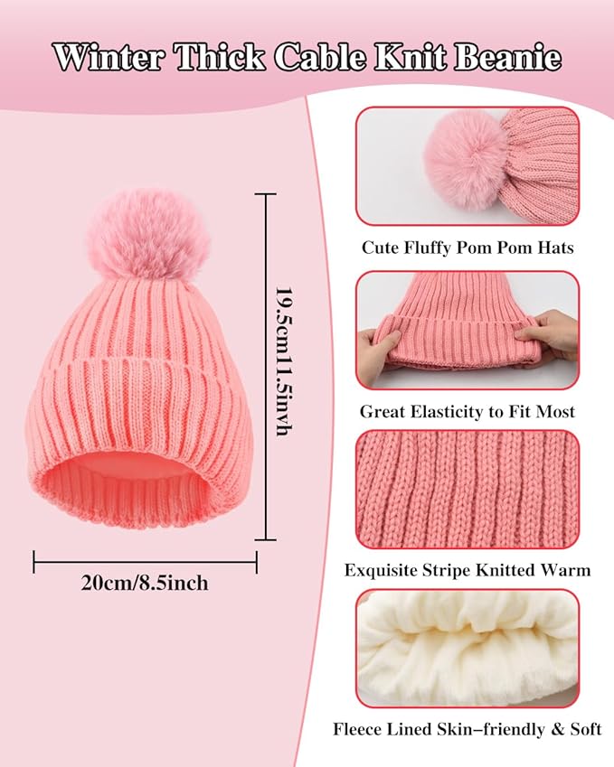 Winter Beanie Hat Scarf Gloves Set for Women, Fleece Knit Pompom Beanie Neck Warmer Long Scarf Touchscreen Gloves 3 in 1 Set