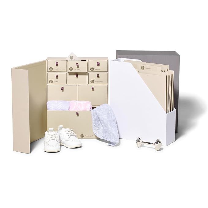 Savor I Baby Deluxe Box | Acid-Free Newborn Keepsake & Memory Organizer with 52 Labels, 9 Drawers, 8 File Folders | Gift for Pregnancy, Mother’s Day, Baby Shower, Slate No Customization