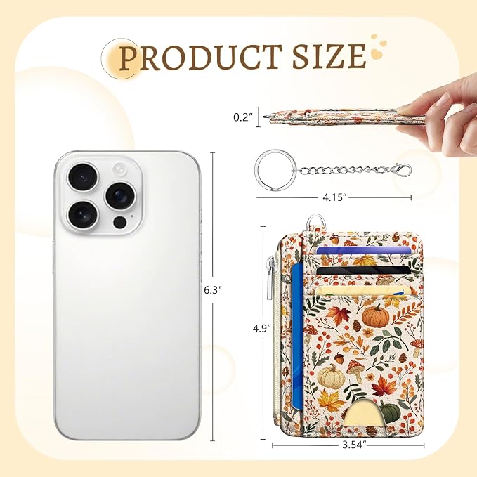Kelvoris Credit Card Holder Small Wallet Women, Slim RFID, Fall Leaf | Keychain, Zipper Coin Pocket, Front Pocket Thin Travel Card Case, Minimalist, 6 Card Slots, 1 ID Window, Ladies Gifts Woman
