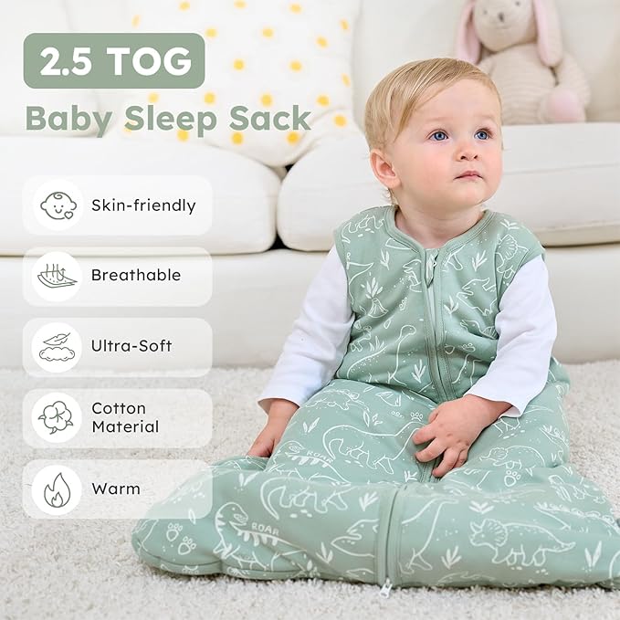 Baby Sleep Sack 0-6 Months, 2.5 TOG Cotton Winter Baby Wearable Blanket with 2-Way Zipper, Warm Soft Sleeping Bag for Newborn Infant Boy Girl, Small Dinosaur