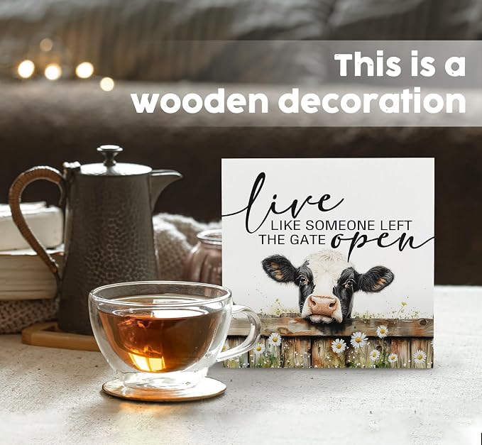 Cow Signs - Farm Cottagecore Animal Office Kitchen Bedroom Decor,Rustic Farmhouse Live like Someone Left the Gate Open Home Decor Wooden Signs,Cow Gifts for Women,8x8
