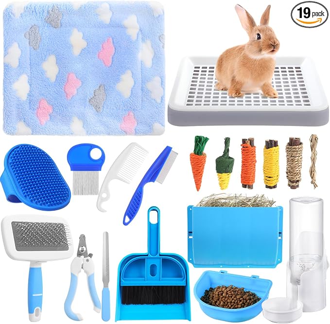 19 Pcs Rabbit Starter Kit Small Bunny Litter Box Animal Grooming Kit Water Bottle Bunny Toys Hay Feeder Bowl Blankets with Cleaning Set for Guinea Pig Rabbit Accessories