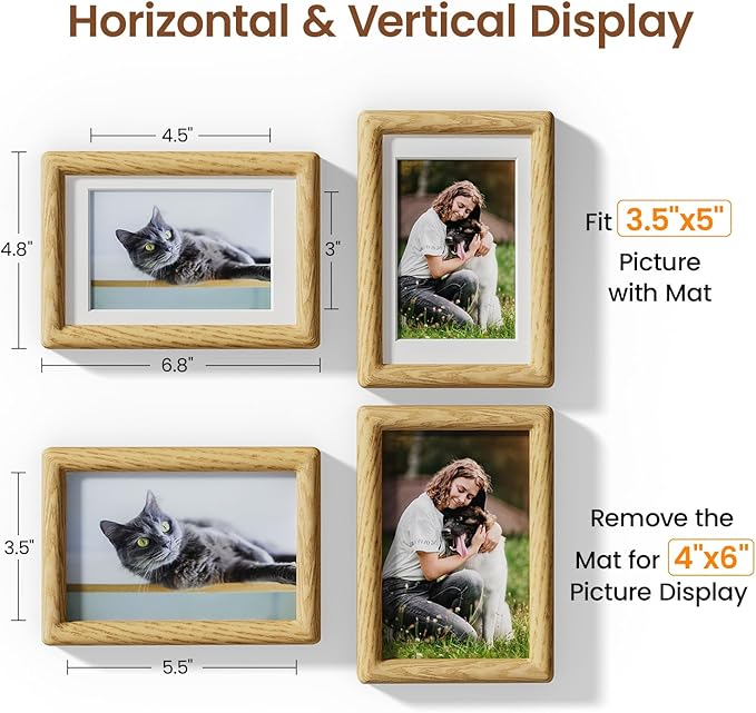 4x6 Picture Frame Natural Oak Wood From California-USA with Real Tempered Glass, Handcrafted 4 x 6 Photo Frame Matted to 3.5 x 5 Wedding Photo,Family Picture,Graduation Picture Display on Table & Wall