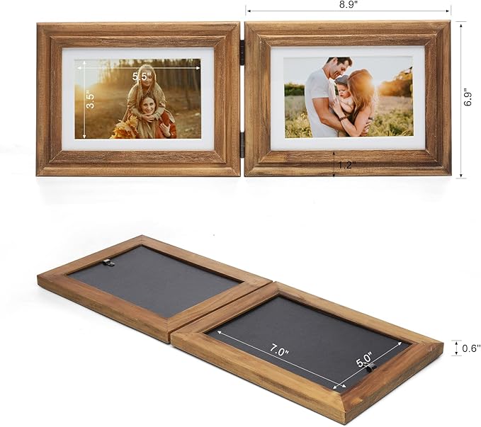 Horizontal 5X7 Picture Frames Double Hinged Wood Folding Photo Frames with Real Glass Front Fit for Desktop or Tabletop Display Pictures 4x6 with Mat or 5x7 Without Mat, Wood Grain XZON-H75X2