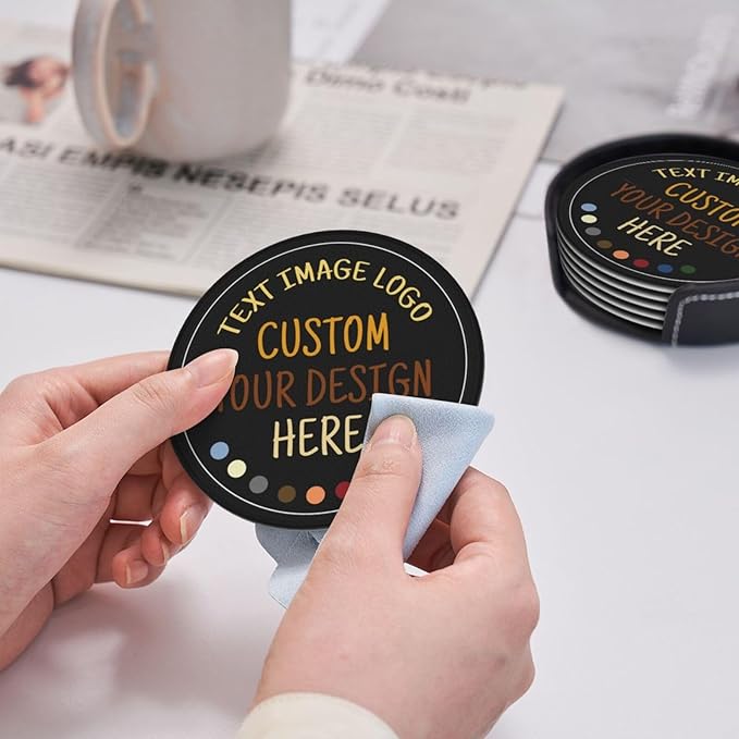 Custom PU Coasters with Logo, Customized Coasters, Personalized Leather Coaster, Custom Coaster Set of 6, Gift for Christmas/Valentine’s Day, Bar Accessories for Whiskey/Wine, Leather Gift