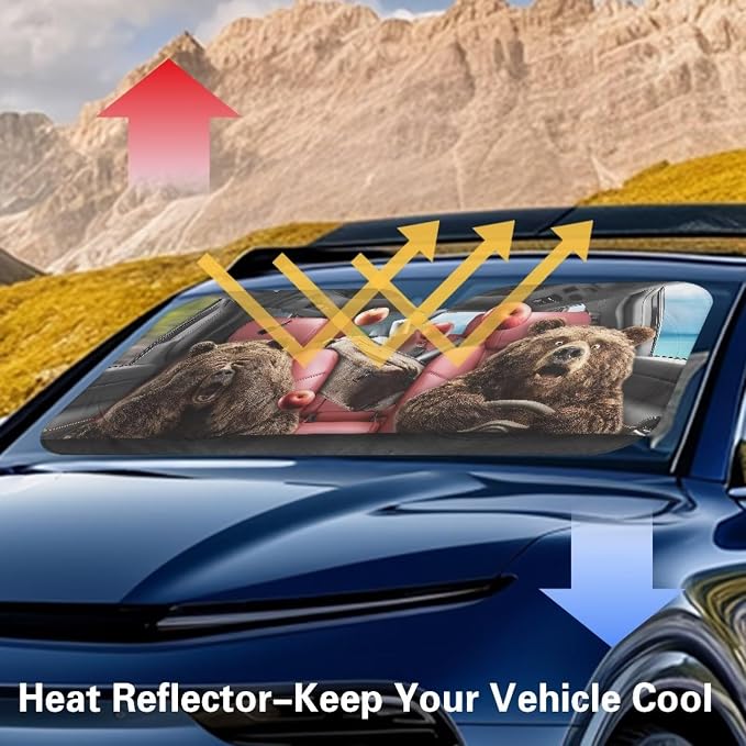 Funny Bears Windshield Sun Shade Foldable Universal Front Windshield Sun Shade with Storage Pouch Reflective Sun Blocker Fit for Most Car Van SUV Truck Car Accessories for Summer
