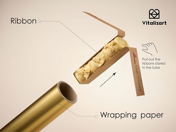 Vitalizart Gold Matte Metallic Wrapping Paper Set 17" With Silk Satin Ribbon & Gift Tags Christmas Gift Wrapping Birthday Baby Shower Wedding Bouquets Handmade Crafts 197"(16.4 Ft) Gold Ribbon