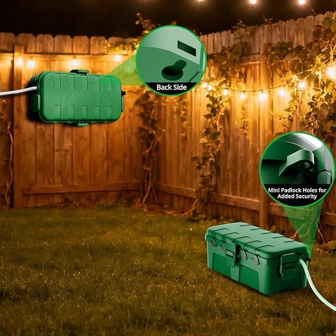QUOBAS Outdoor Waterproof Electrical Box with 6 Cable Ports, IP54 Weatherproof Heavy-Duty Extension Cord Cover for Power Strips, Garden Power Tools, Holiday Lights, Green