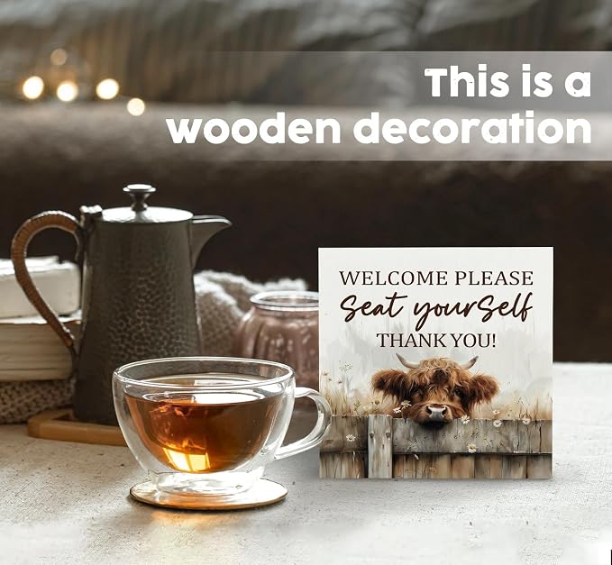 Highland Cow Bathroom Decor Sign - Farmhouse Western Animal Bathroom Decor,Rustic Farm Animal Welcome Please Seat Yourself Thank You Signs,Highland Cow Gifts for Women Signs & Plaques