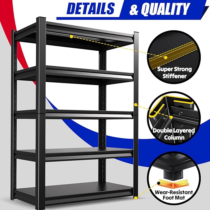 46''W Garage Shelving Adjustable Garage Shelves 3500LBS Storage Shelves,5-Tier Metal Shelving Unit Storage Shelf, Easy Assembly Utility Shelf for Warehouse, Basement, Black (72''H x 45.7''W x 19.7''D)