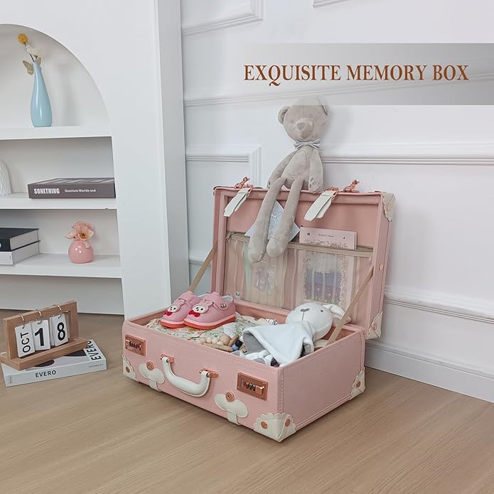 Unitravel Baby Keepsake Case, Handmade Memory Storage Box, Newborn Keepsake Box, Vintage Suitcase for Baby Shower, Baptism, Naming Ceremony or Birthday