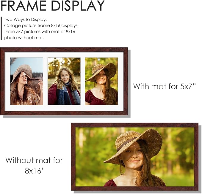 8x16 Collage Picture Frame 5x7 Collage Picture Frame Displays Three 5x7 inch Photos or 8x16 (Without Mat) for Available Horizontal Wall Mounting Display and Vertical Redwood