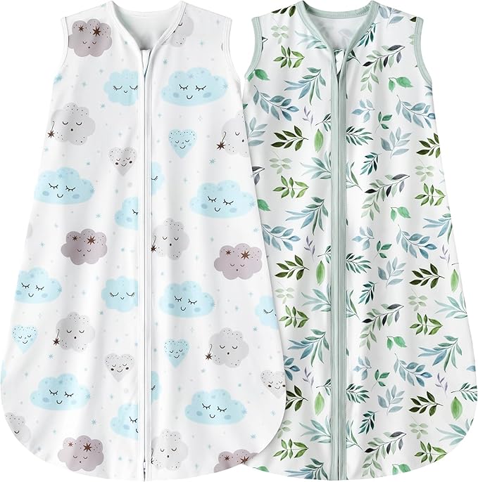 Newborn Sleep Sack Baby Swaddle,0-12 Months,3-Way Adjustable Wearable Blanket,Swaddling Sleeping Bag (Leaf&Clouds, 6-12 Months)