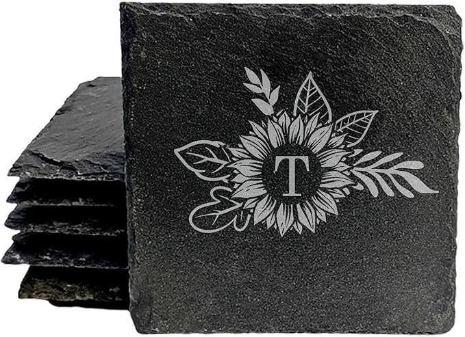 Personalized Monogram Family Coasters, Natural Stone Set, Birthday, Wedding, Customized, Rustic - Square Slate - Set of 5