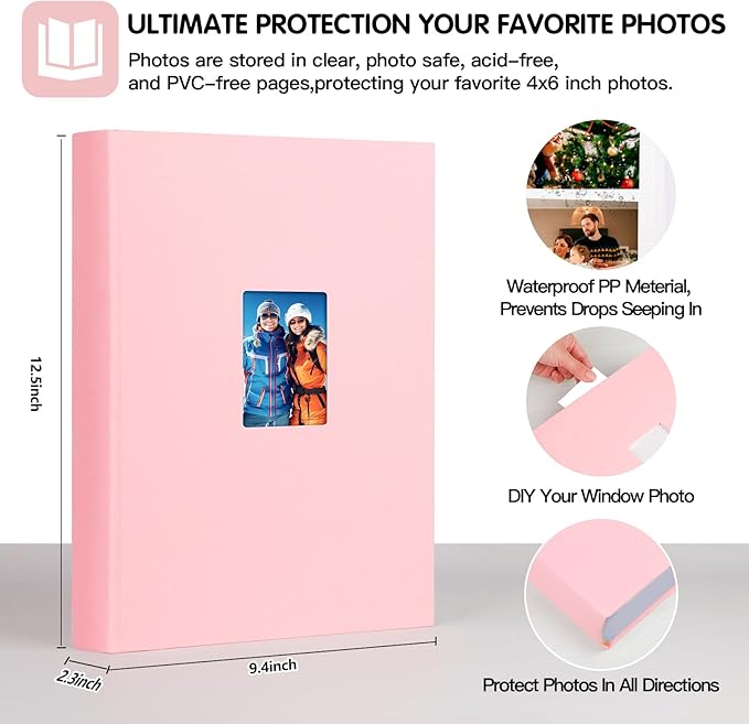 XFveivoo Photo Album 4x6 450 Photos with Writing Space,4 x 6 Photo Book Linen Cover with Front Window, 4x6 Picture Album 450 Photos Photo Album Book for Wedding Kids Travel Family Baby Pictures, Pink