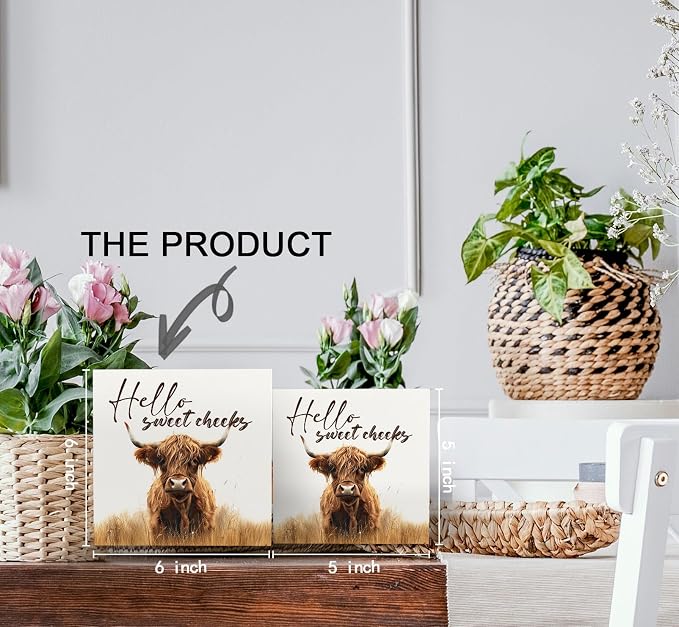 Highland Cow Bathroom Decor Sign, Hello Sweet Cheeks Wooden Box Signs, Highland Cow Gifts For Women Lovers,6x6