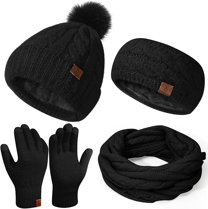 Womens Beanie Hat Infinity Scarf Touchscreen Gloves Fleece Headband 4 in 1 Winter Clothes Set Gifts for Women