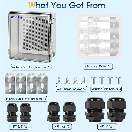 Waterproof Outdoor Project ABS Plastic Junction Box IP67 Weatherproof Dustproof Enclosure with Hinged Cover, Mounting Plate,Wall Brackets for Power Project (Clear, 11.8"x11.8"x7.1")
