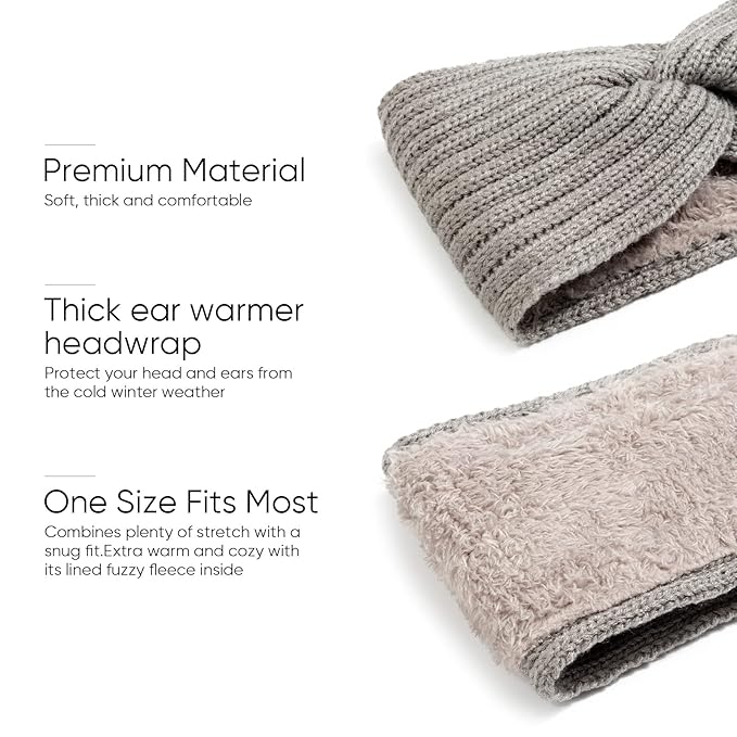AQOKKA Knit Winter Headbands for Women Fuzzy Wool Fleece Lined Ear Warmers Elastic Turban Crocheted Head Wrap Winter Accessories for Women Cold Weather