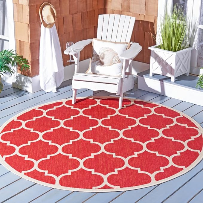 SAFAVIEH Courtyard Collection 6'7'' Round Red/Bone CY6914 Trellis Indoor/ Outdoor Patio Backyard Mudroom Area Rug