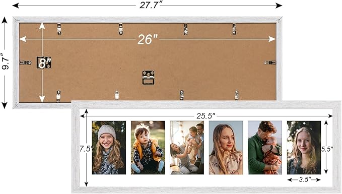 8x26 Collage frame with 6 Openings 4X6 Pictures, Multiple Picture Frame with Mat, Wall or Tabletop Decor, White Wood Grain (1 Pack)