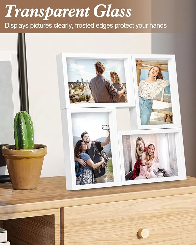 KAPIX 4x6 Picture Frames Collage, Collage Frame Wall Decor Display Four 4x6 Family Photos, Glass Front, Wall Hanging or Tabletop, White