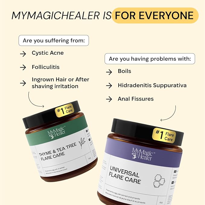 MyMagicHealer Universal Flare Care | Essential Oil Free | Relief for Rashes, Eczema, Psoriasis, Hidradenitis Suppurativa, Impetigo, Dermatitis, Wound Care, Sensitive Skin w/Propolis & Egg Yolk 2 oz