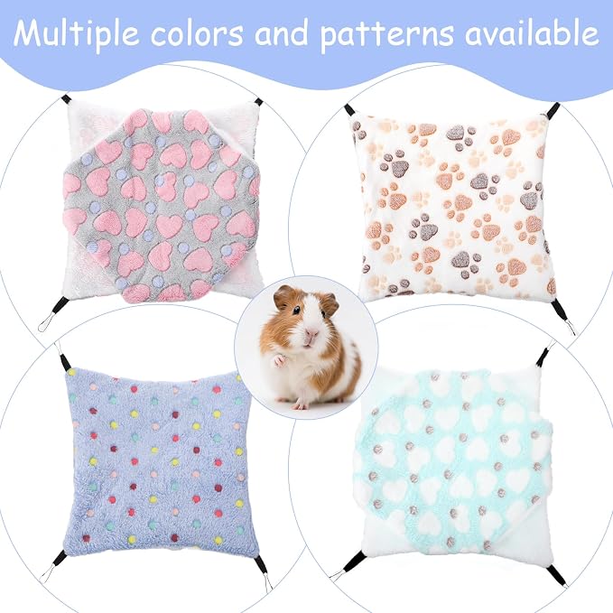4 Pack Small Animal Hammock, 11.4x11.4 Inch Guinea Pig Rat Ferret Hanging Bed with Metal Hooks, Fleece Cage Accessories for Chinchilla Sugar Glider, 4 Colors