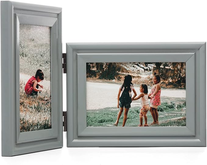 Vertical & Horizontal 4X6 Picture Frames Double Hinged Wood Folding Photo Frames with Real Glass Front Fit for Desktop or Tabletop, Gray XHUI-V46-H64